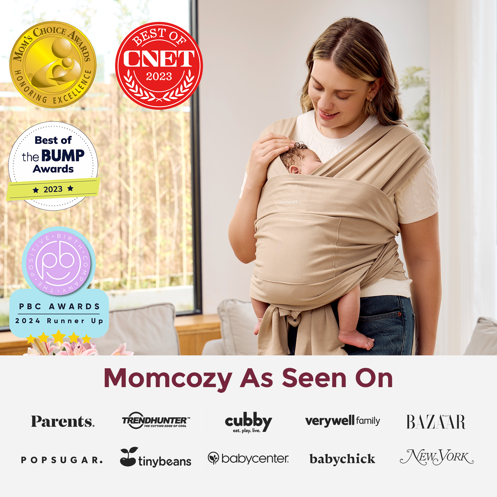 Momcozy Easy to Wear Hands Free - Baby Wrap Carrier - Light Curry.