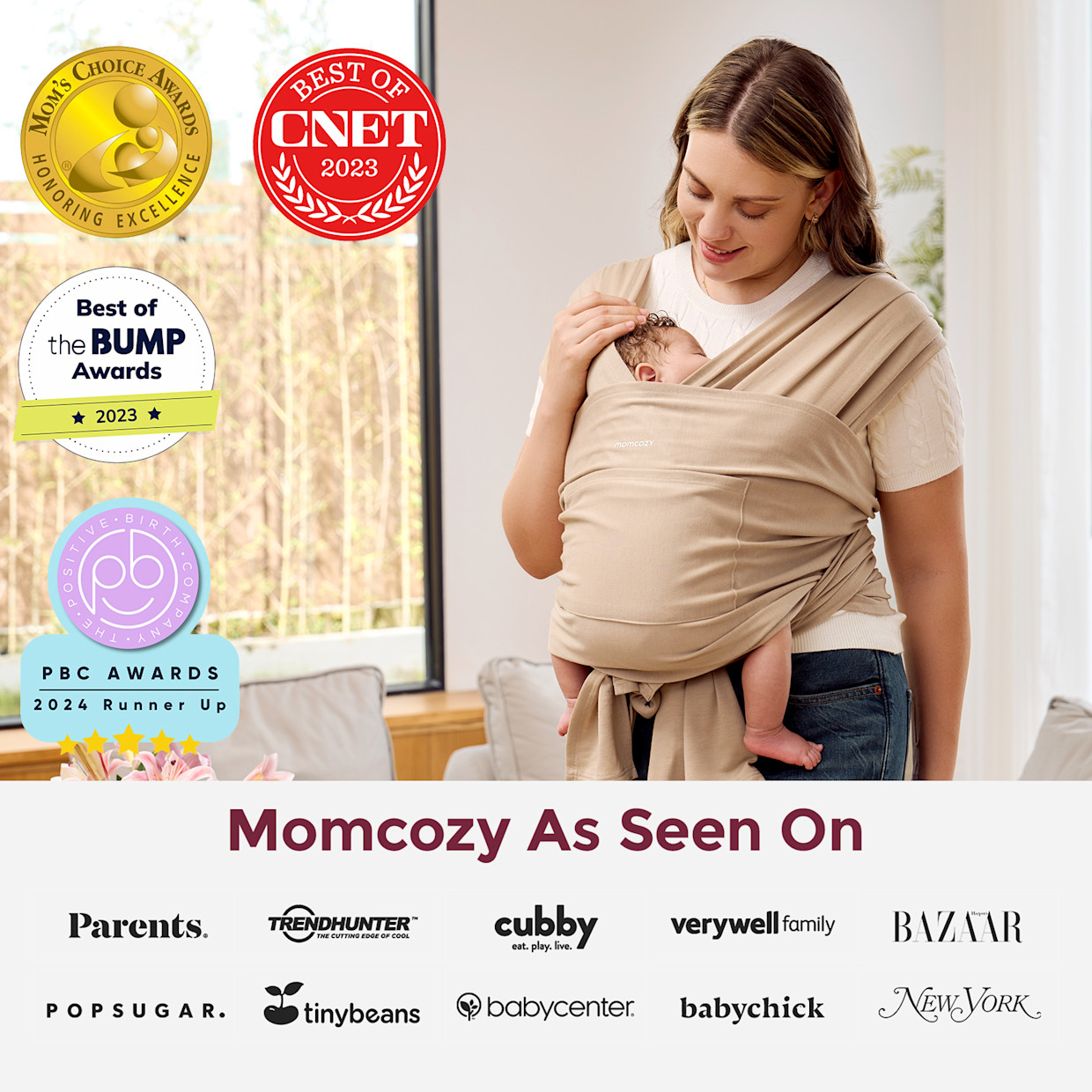 Momcozy Easy to Wear Hands Free - Baby Wrap Carrier - Light Curry.