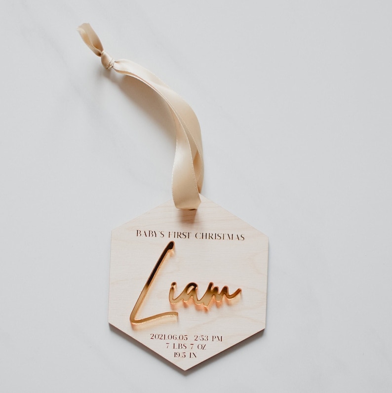 NovemberandIndie Wooden Personalized Baby Birth Statistics Ornament.