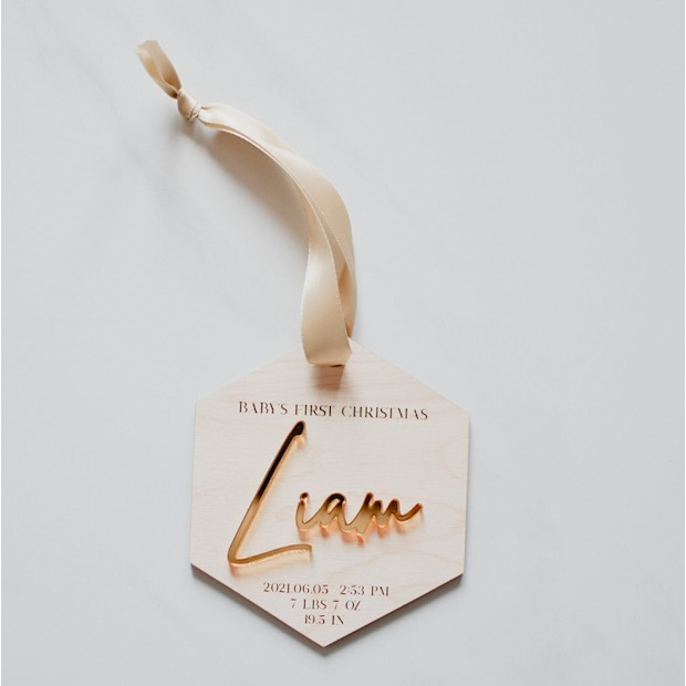 NovemberandIndie Wooden Personalized Baby Birth Statistics Ornament.