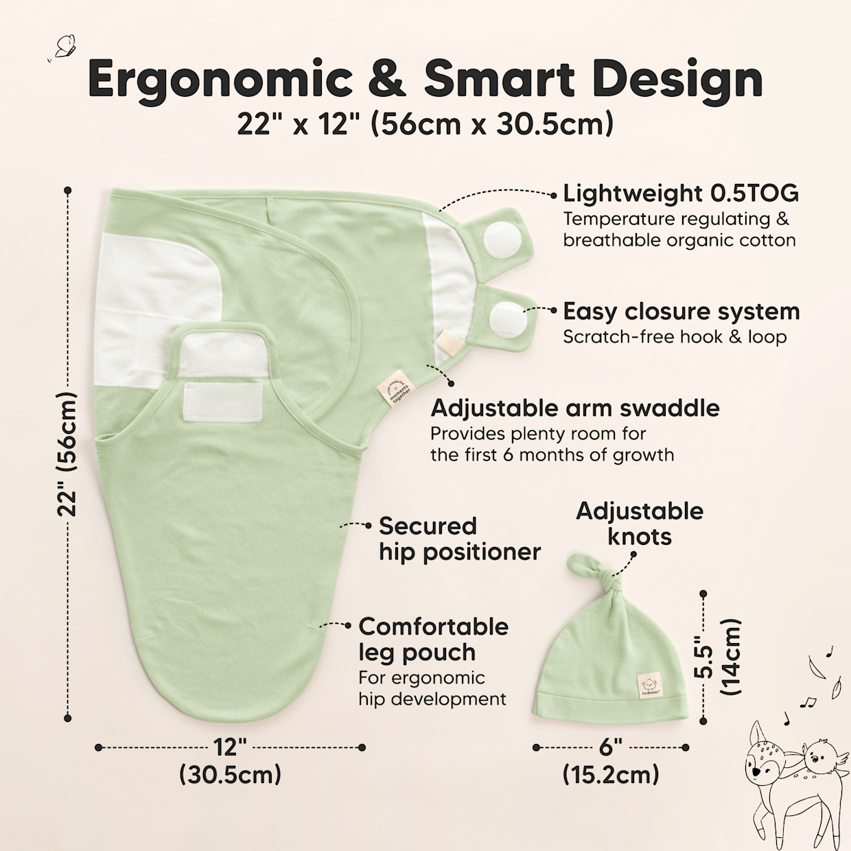 KeaBabies 3-Pack Soothe Swaddle Wraps with Knot Hats - Fleur.