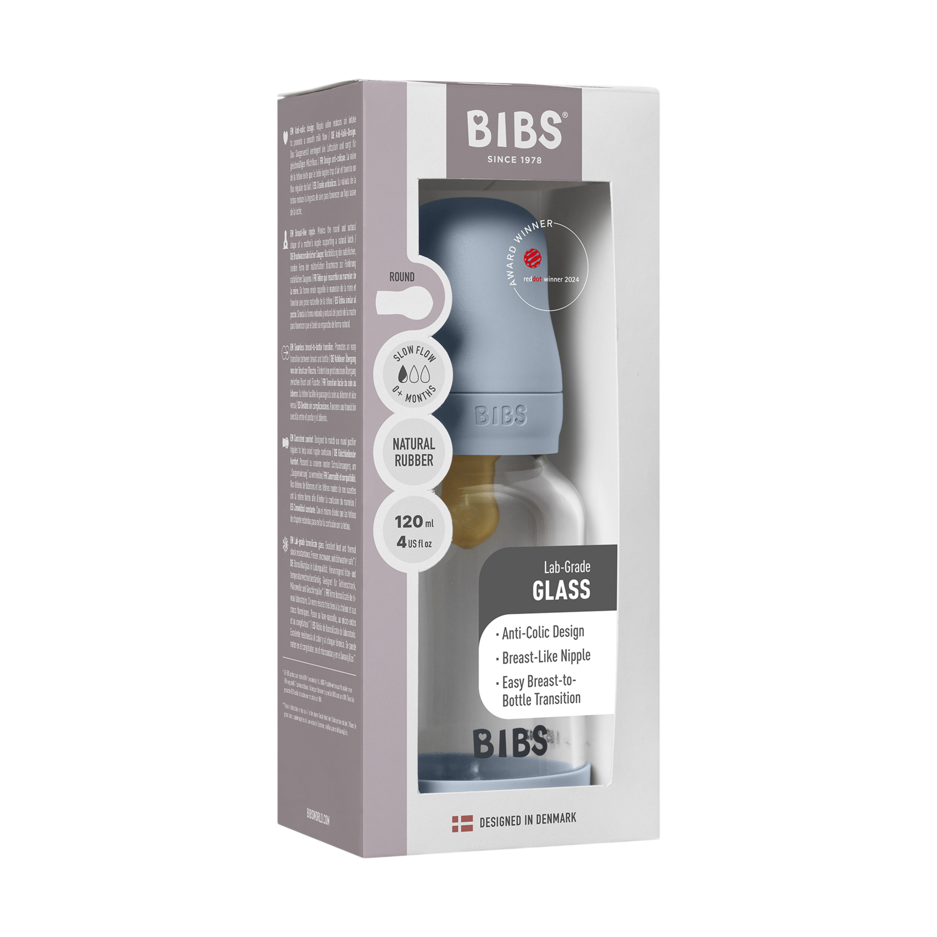BIBS Baby Glass Bottle with Natural Rubber Nipple - Baby Blue, 4oz.
