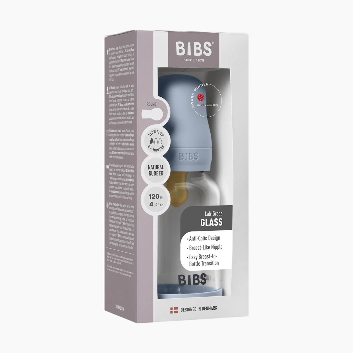 BIBS Baby Glass Bottle with Natural Rubber Nipple - Baby Blue, 4oz.