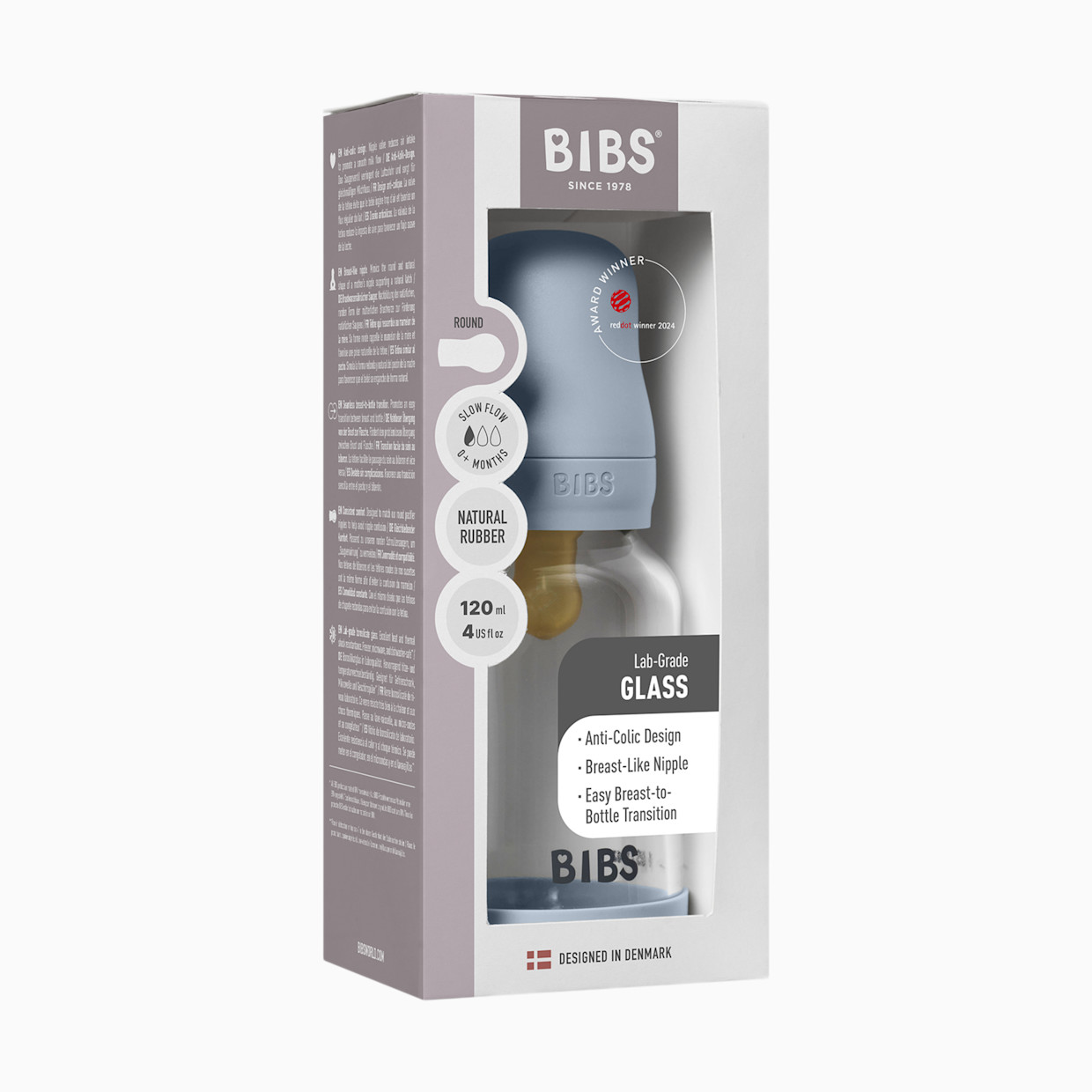 BIBS Baby Glass Bottle with Natural Rubber Nipple - Baby Blue, 4oz.