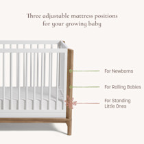 Diagram listing three adjustable mattress positions for newborns rolling babies standing little ones