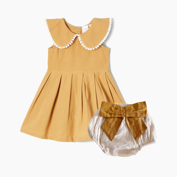 Sassy Minor Peter Pan Collar Dress & Diaper Cover with Bow Set - Camel, 6-9 Months.