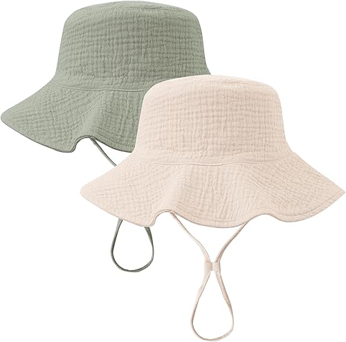 Konssy  Muslin Baby Sun Hat UPF 50+ Sun Protection Bucket Hat (2-Pack).