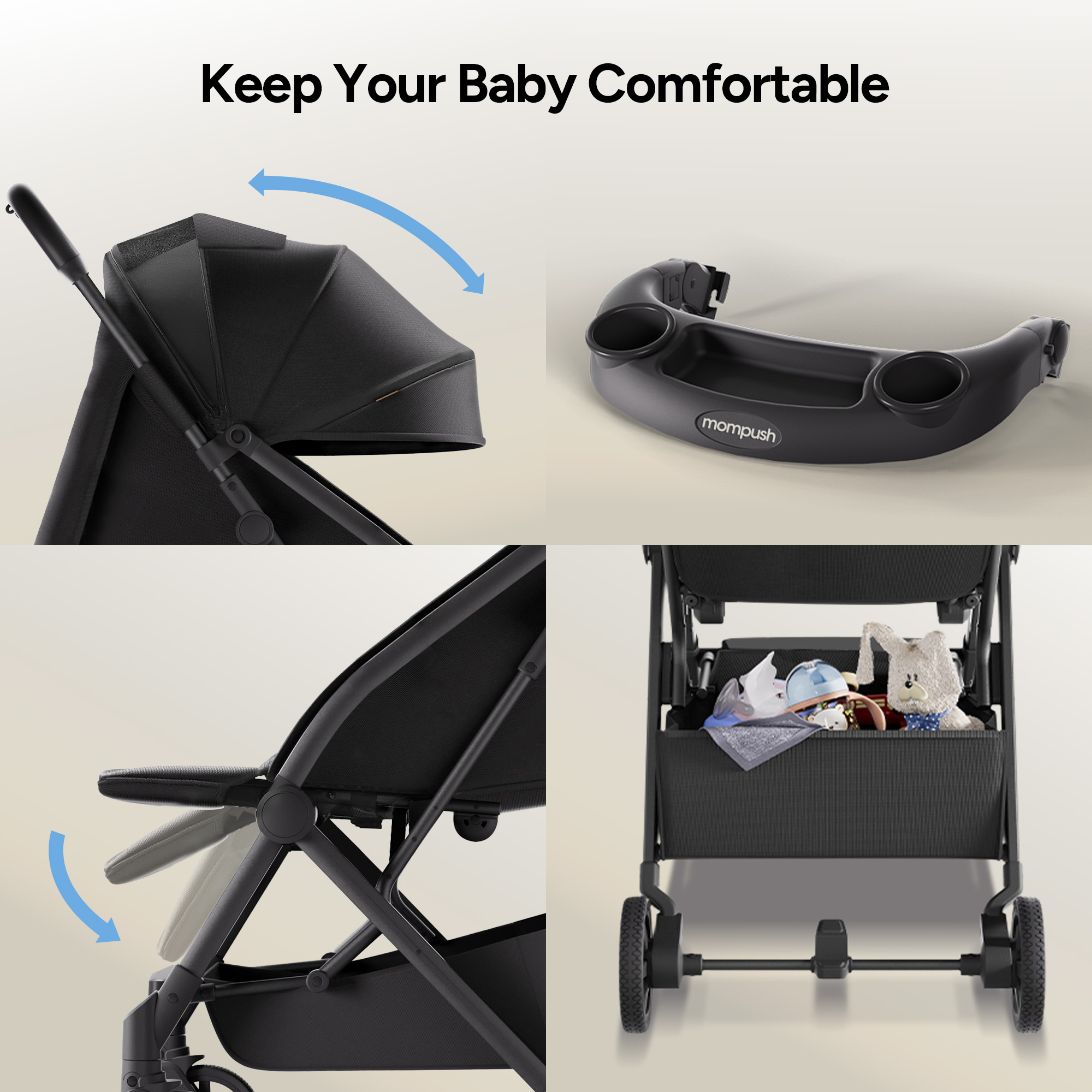 Mompush Lithe V2 Stroller - Black.