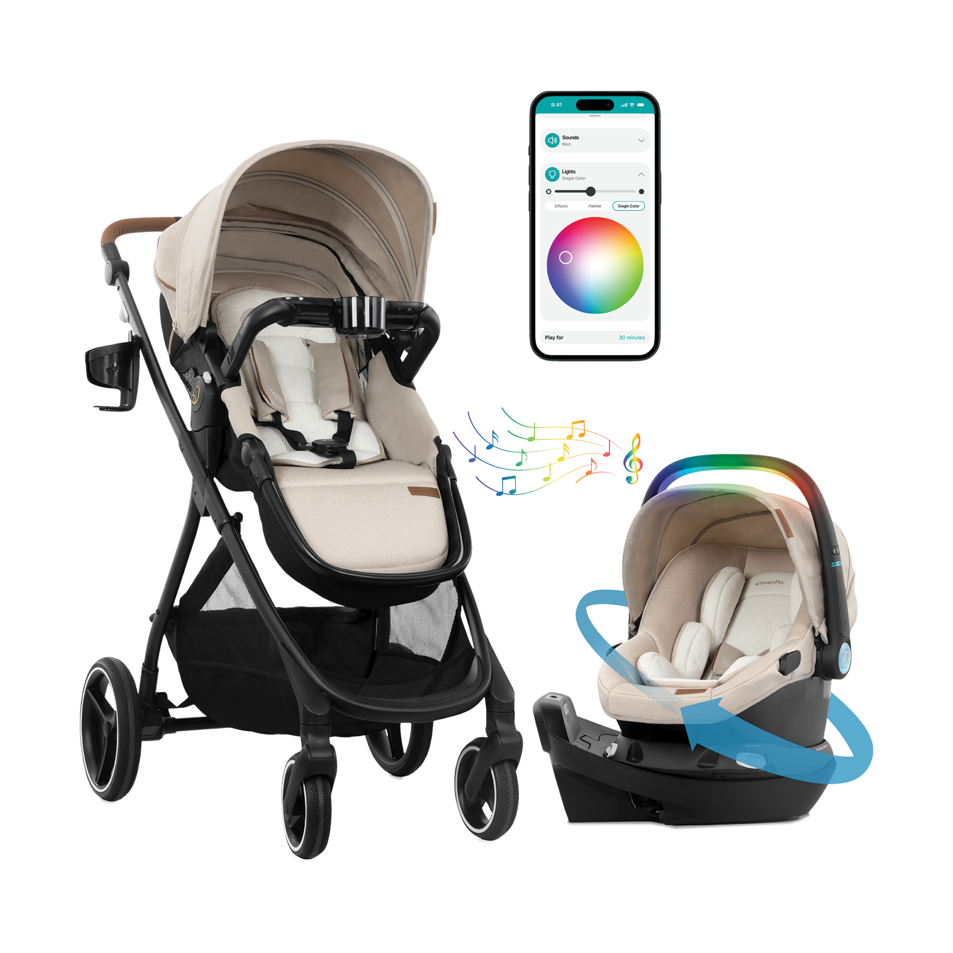 Evenflo Shyft Intuiti+ Travel System featuring Revolve180 LiteMax NXT with SensorySoothe.