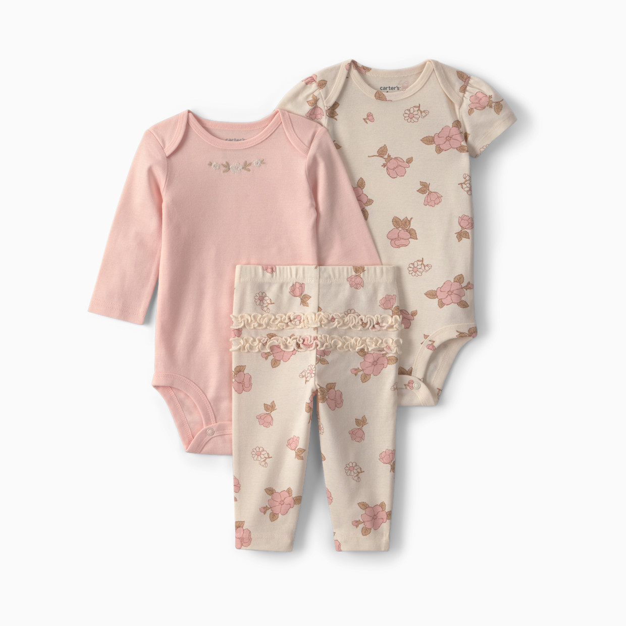 Carter's 3-Piece Bodysuit & Pant Gift Set - Pink/Ivory Flowers, 6M.
