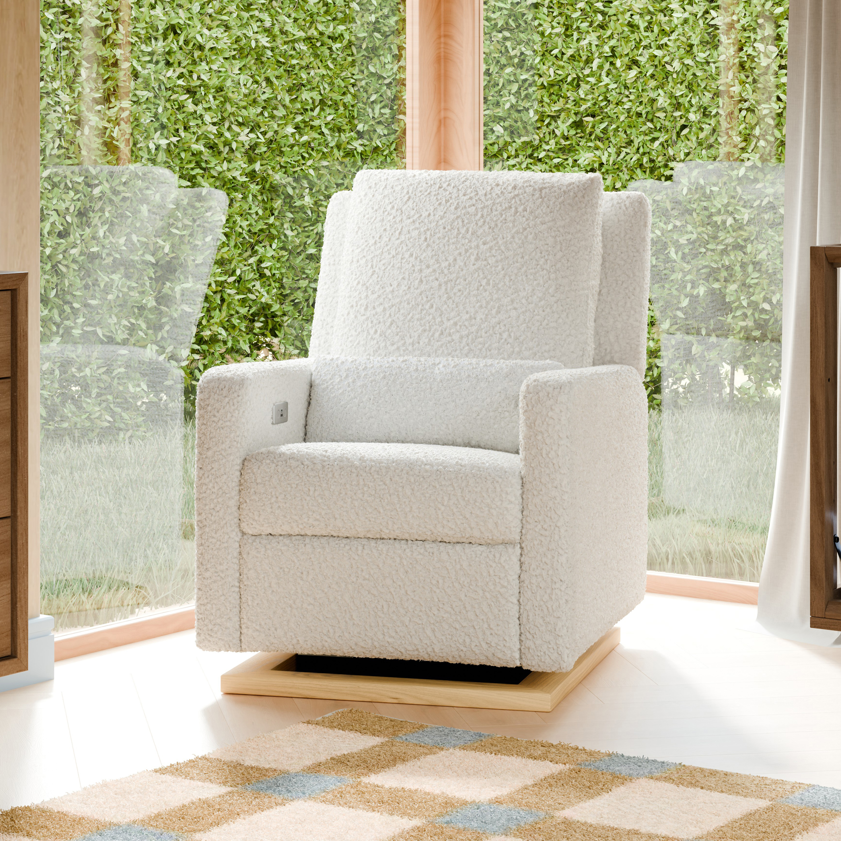babyletto Sigi Electronic Recliner and Glider - Cream Shearling With Light Wood Base.