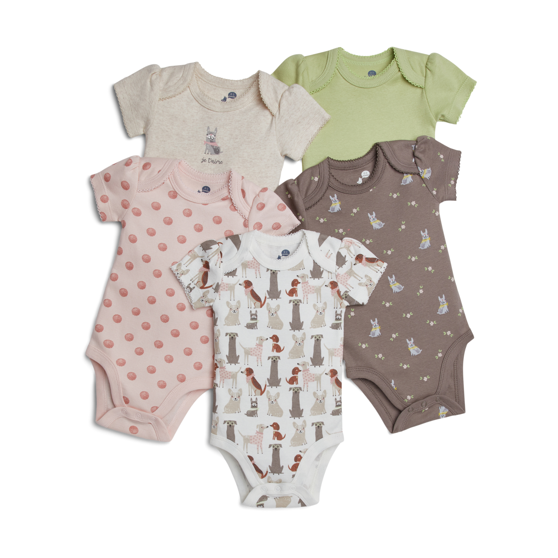 Small Story Organic Cotton Short Sleeve Print Mix Bodysuit (5 Pack) - All Over Dogs, 3-6 M.