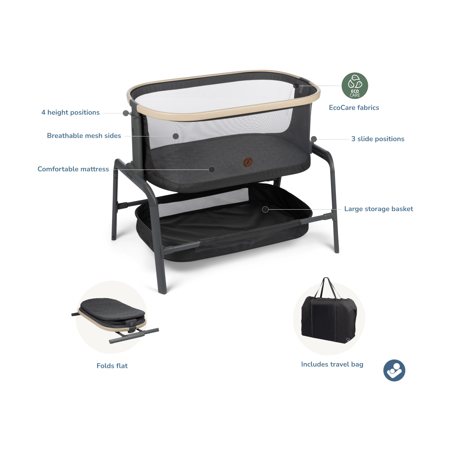 Maxi-Cosi Iora Bedside Bassinet - Classic Graphite.