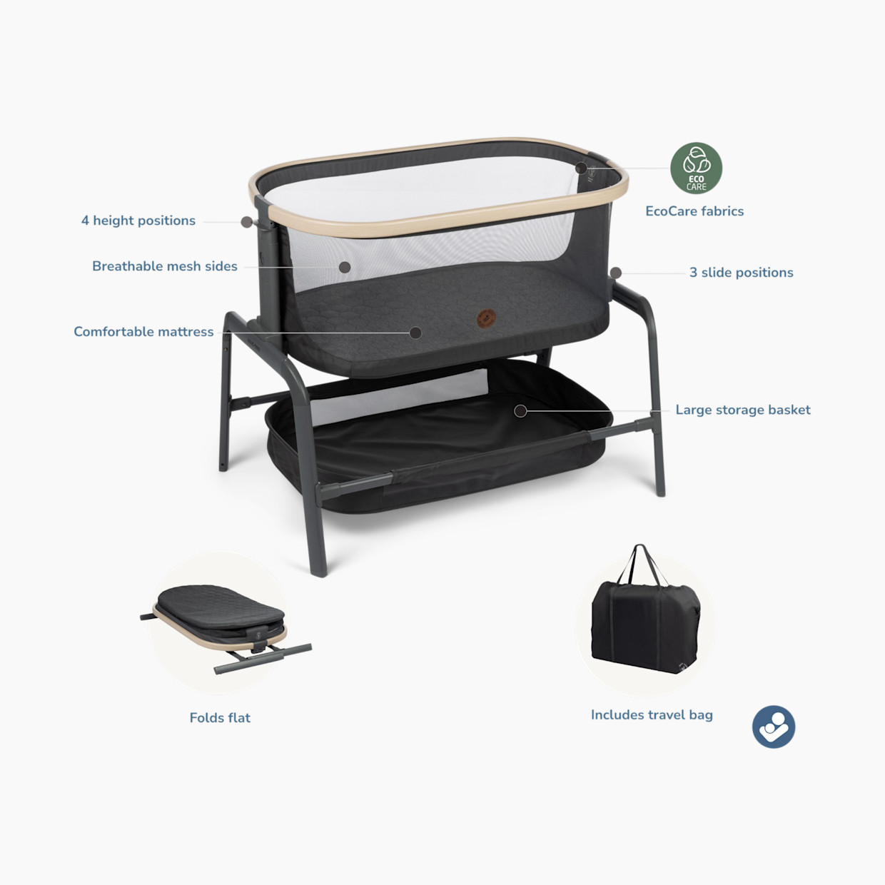 Maxi-Cosi Iora Bedside Bassinet - Classic Graphite.