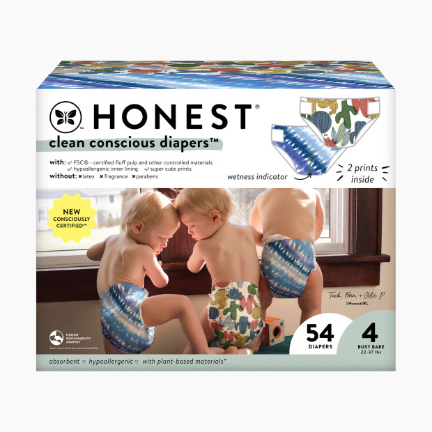 The Honest Company Clean Conscious Disposable Diapers - Tie-Dye For + Cactus Cuties, Size 4, 54 Count.