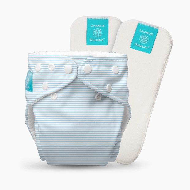 Charlie Banana One-size Reusable Cloth Diaper with 2 Reusable Inserts - Blue Stripes.