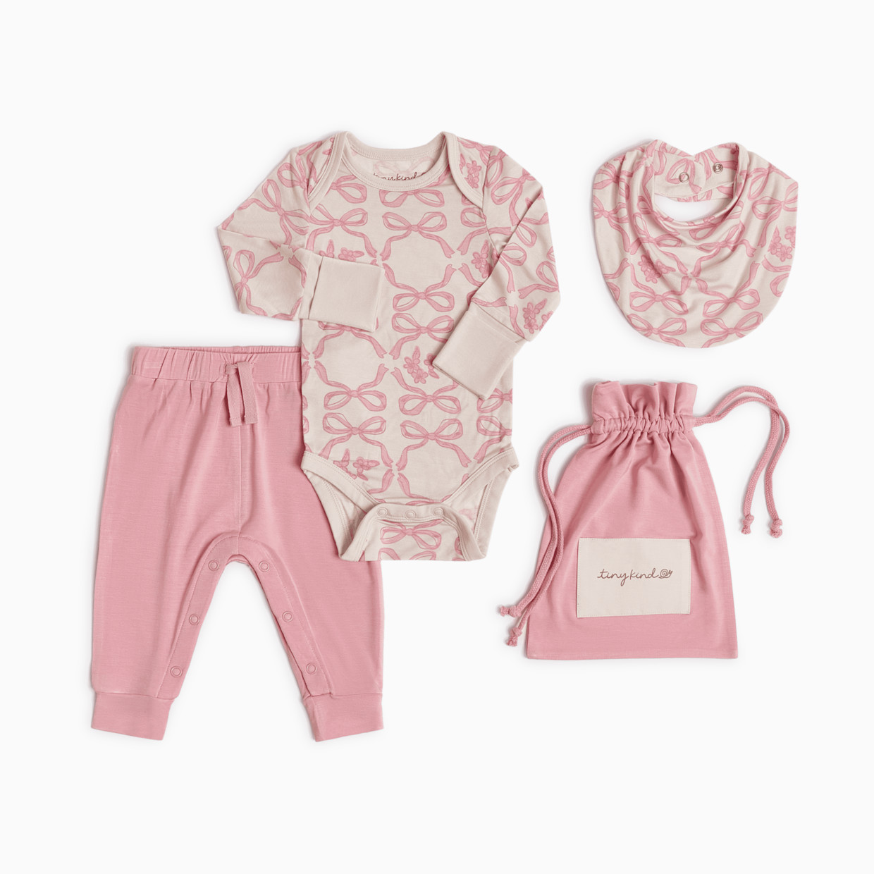 Tiny Kind Bamboo Viscose 3-Piece Outfit Set-Long Sleeve Bodysuit, Pants & Bib - Pink Bows, Nb.