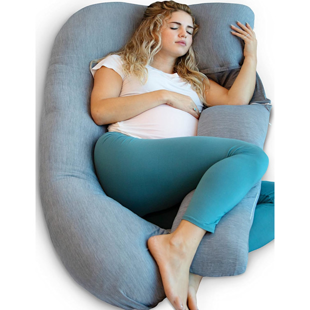 Gray PharMeDoc pregnancy pillow with woman sleeping.