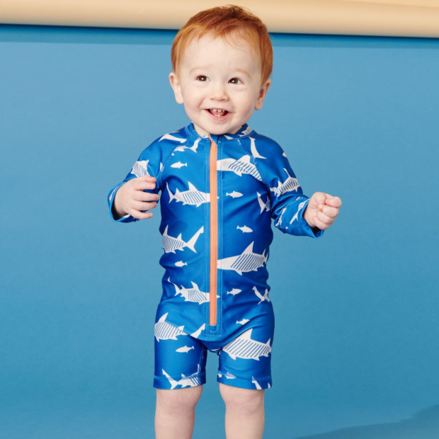 Tea Collection Rash Guard Swimsuit - Great White Sharks In Blue, 3-6 Months.
