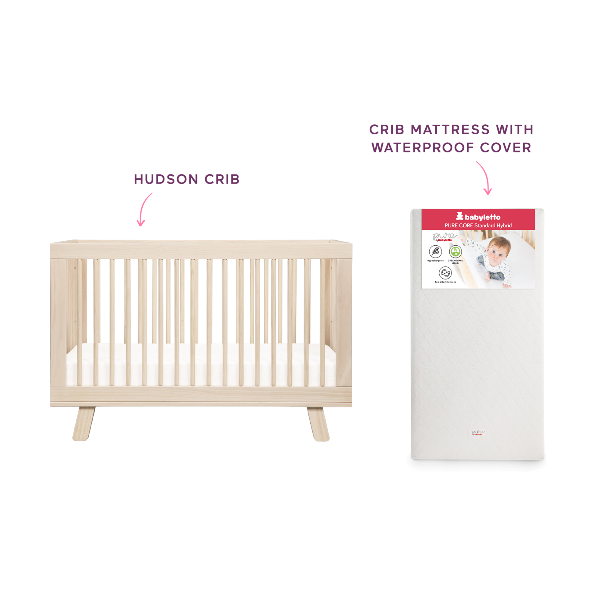 babyletto Hudson Crib & Pure Core Mattress Bundle - Washed Natural.