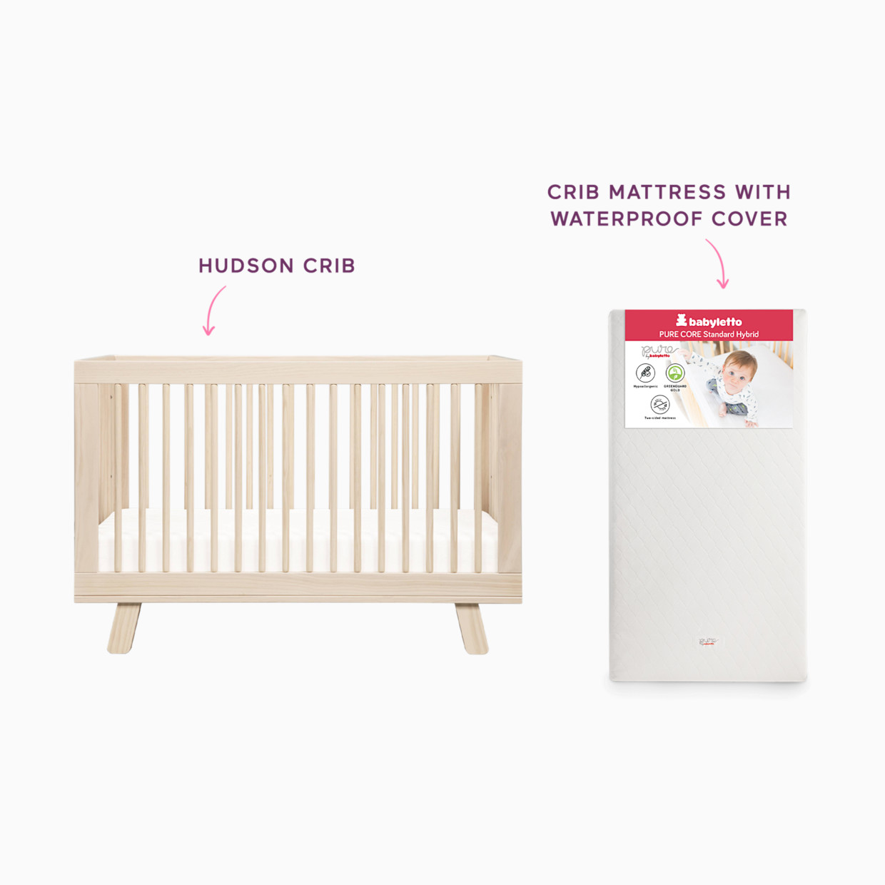 babyletto Hudson Crib & Pure Core Mattress Bundle - Washed Natural.