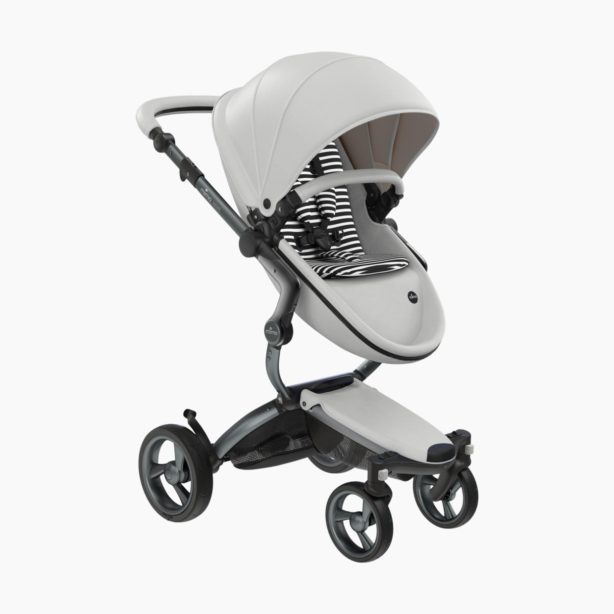 Mima Xari Chassis Stroller with Reversible Reclining Seat & Carrycot - Snow White Seat Box/Black & White Starter Pack.
