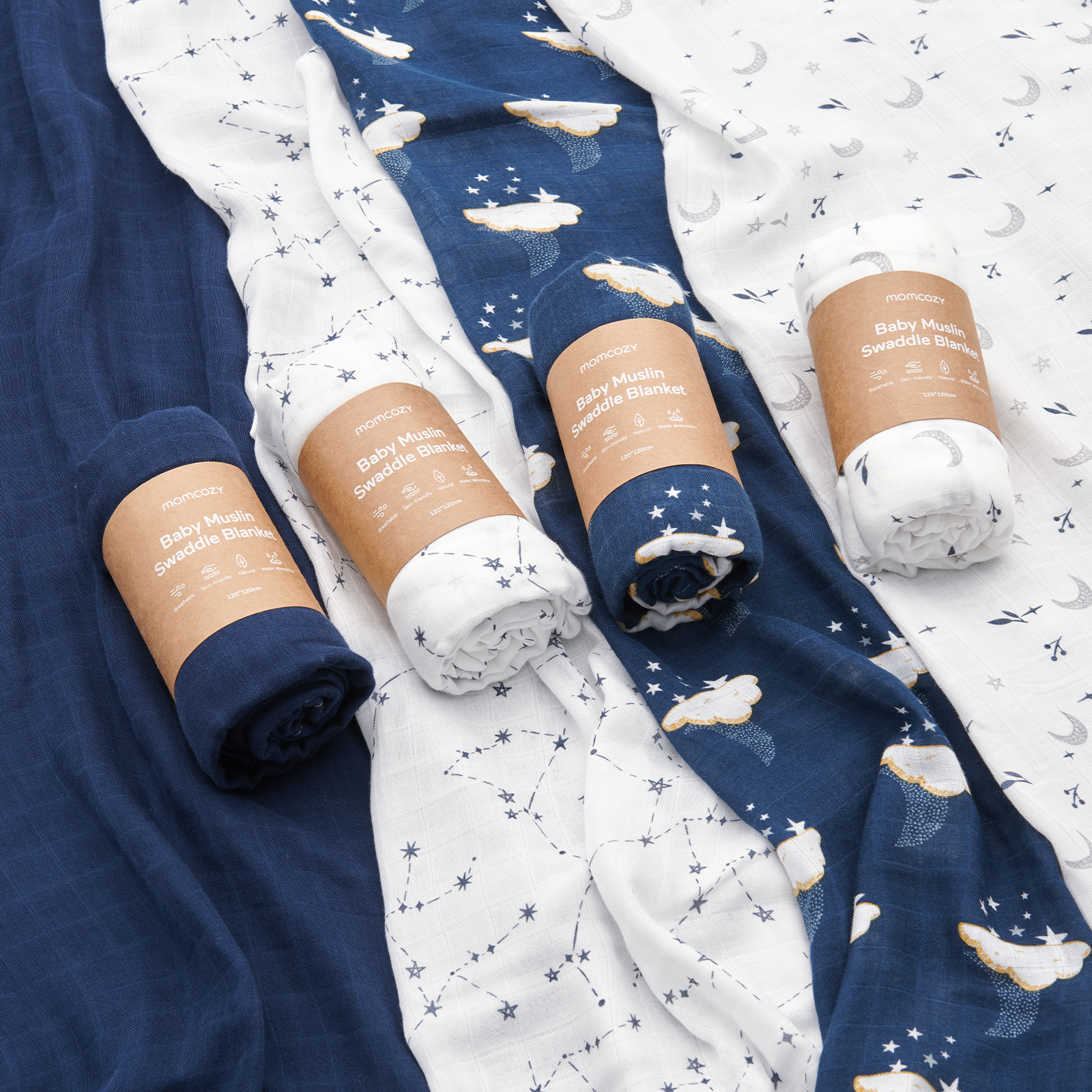 Momcozy Muslin Swaddle Blanket (4 Pack) - Midnight Star Clouds.