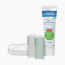 Dr. Brown's 100% Silicone Baby Finger Toothbrush and Toothpaste Set, 2-Pack Toothbrush with Storage Case, Fluoride-Free Strawberry Toddler Toothpaste, Gray & Light-Green
