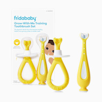 Frida Baby Grow-with-Me Baby Toothbrush Training Set | Infant to Toddler Toothbrush 0-12 months, Cleans All Sides at Once, Oral Care for Sensitive Gums | Yellow