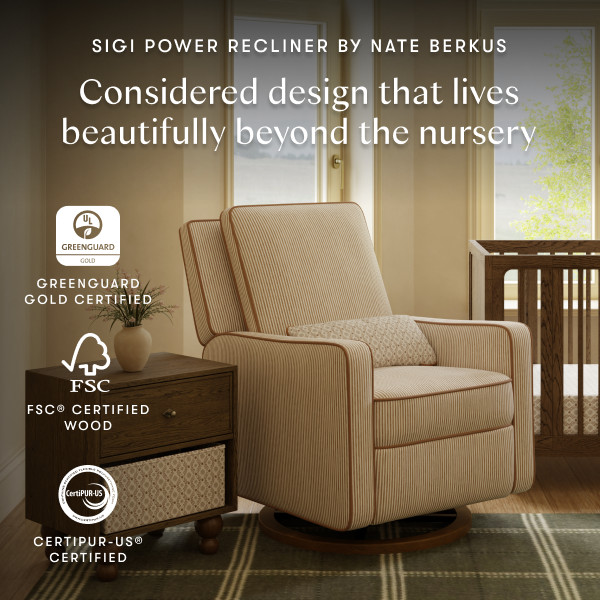 babyletto Sigi Electronic Recliner and Glider by Nate Berkus - Performance Bronze Stripe Eco-Crossweave W/Toffee Base.