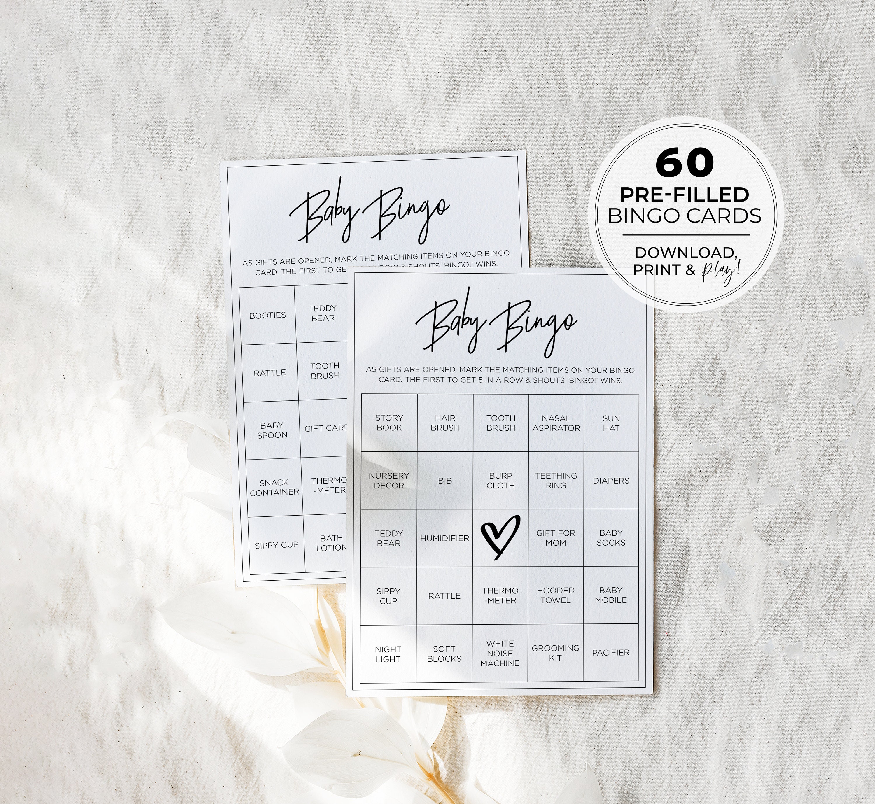 Frank and Bunnylove Baby Shower Bingo, 60 Unique Printable Cards.