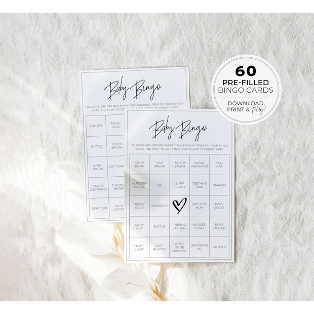 Frank and Bunnylove Baby Shower Bingo, 60 Unique Printable Cards.