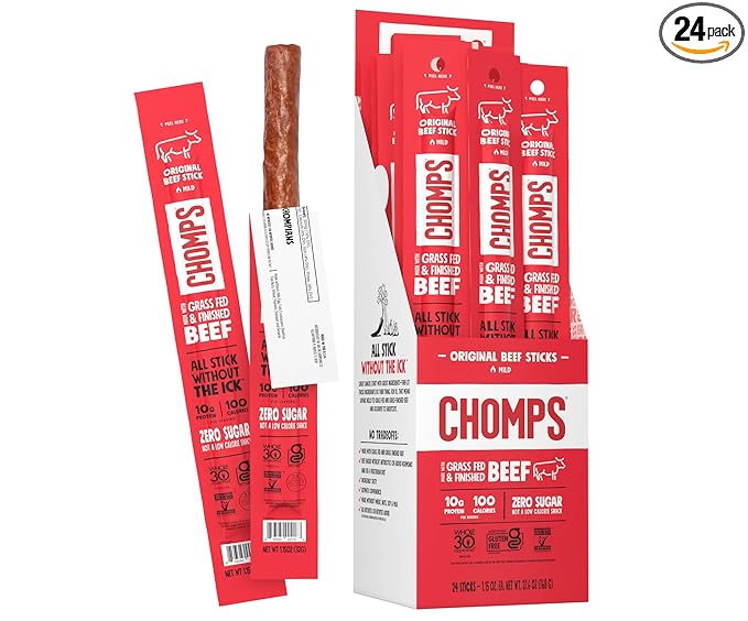 Chomps Grass-Fed Beef Jerky Snack Sticks.