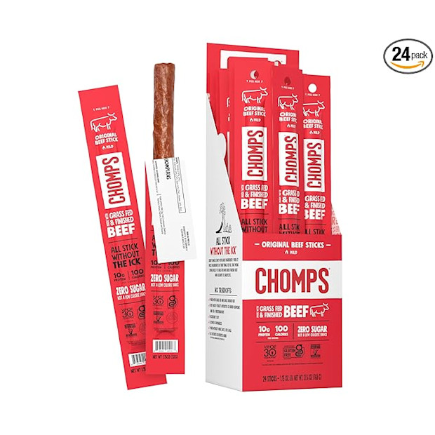 Chomps Grass-Fed Beef Jerky Snack Sticks.