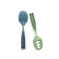 NumNum Baby Spoons Set, Baby Essentials Pre-Spoon GOOtensils for 6+ Months, First Stage Self-Feeding Spoons for Baby Led Weaning (BLW), Silicone Toddler Utensils, BPA-Free, 2 Pack Blue/Green