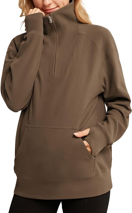 Maacie Maternity  Half Zip Thermal Fleece Pullover with Thumbholes & Kangaroo Pocket .