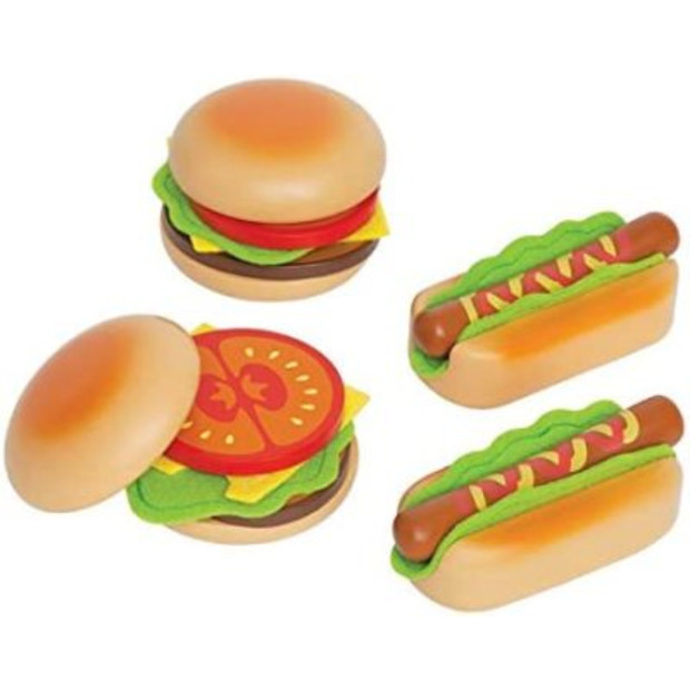 Hape Hamburger and Hot Dogs Wooden Play Food Set.