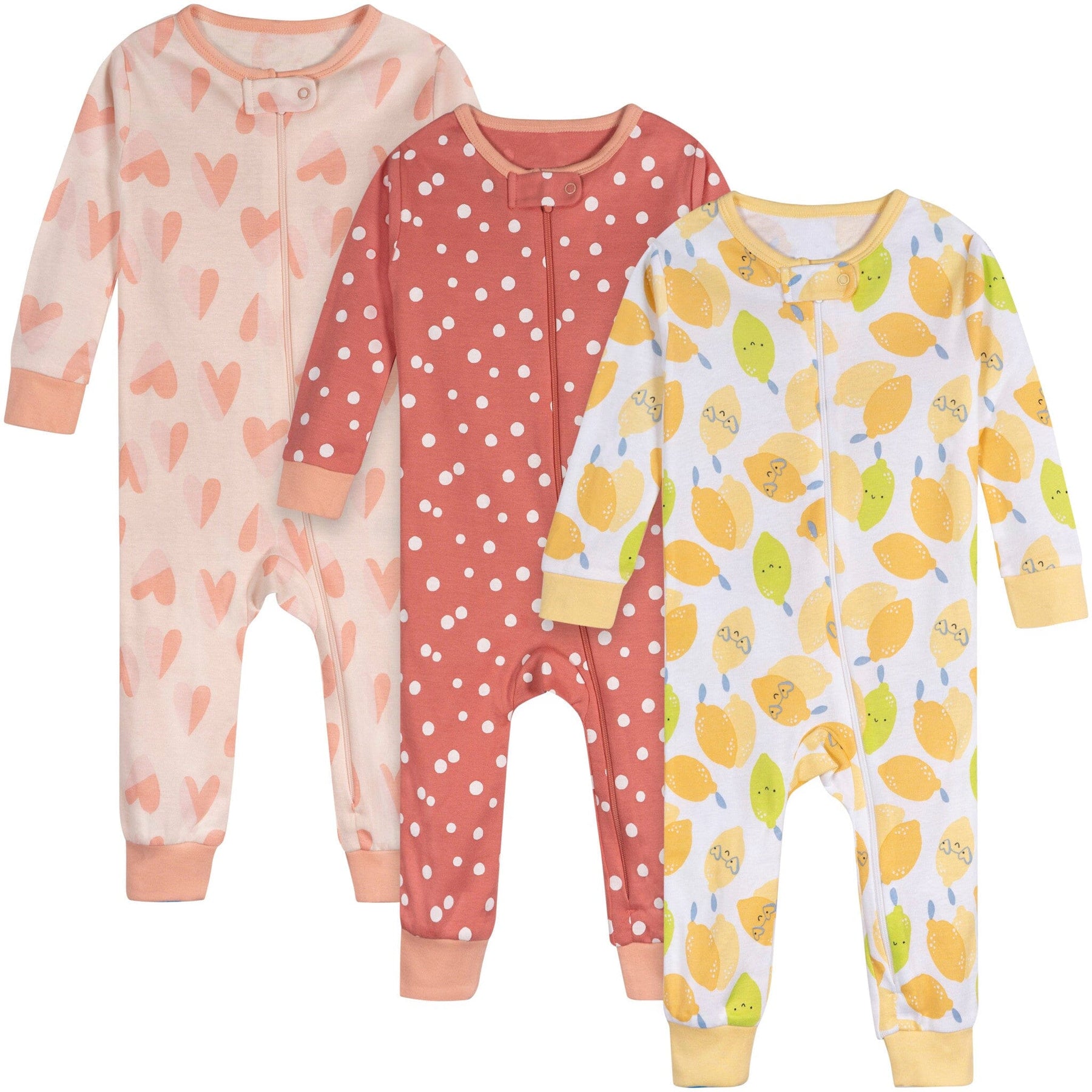 Gerber Baby Girls Lemons Footless Pajamas, 3-pack.
