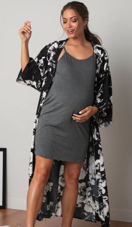 PinkBlush Black Floral Delivery/Nursing Long Maternity Robe - $59.00.
