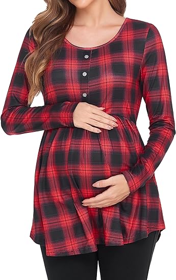 POSHGLAM Women's Maternity Top Shirts Round Neck Ruched Pregnancy Clothes with Button Accent .