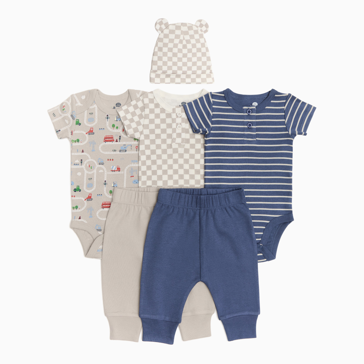 Small Story Organic Cotton Bodysuit, Pant & Hat Set (6 Piece) - Construction, Stripe, Check, 0-3 M.