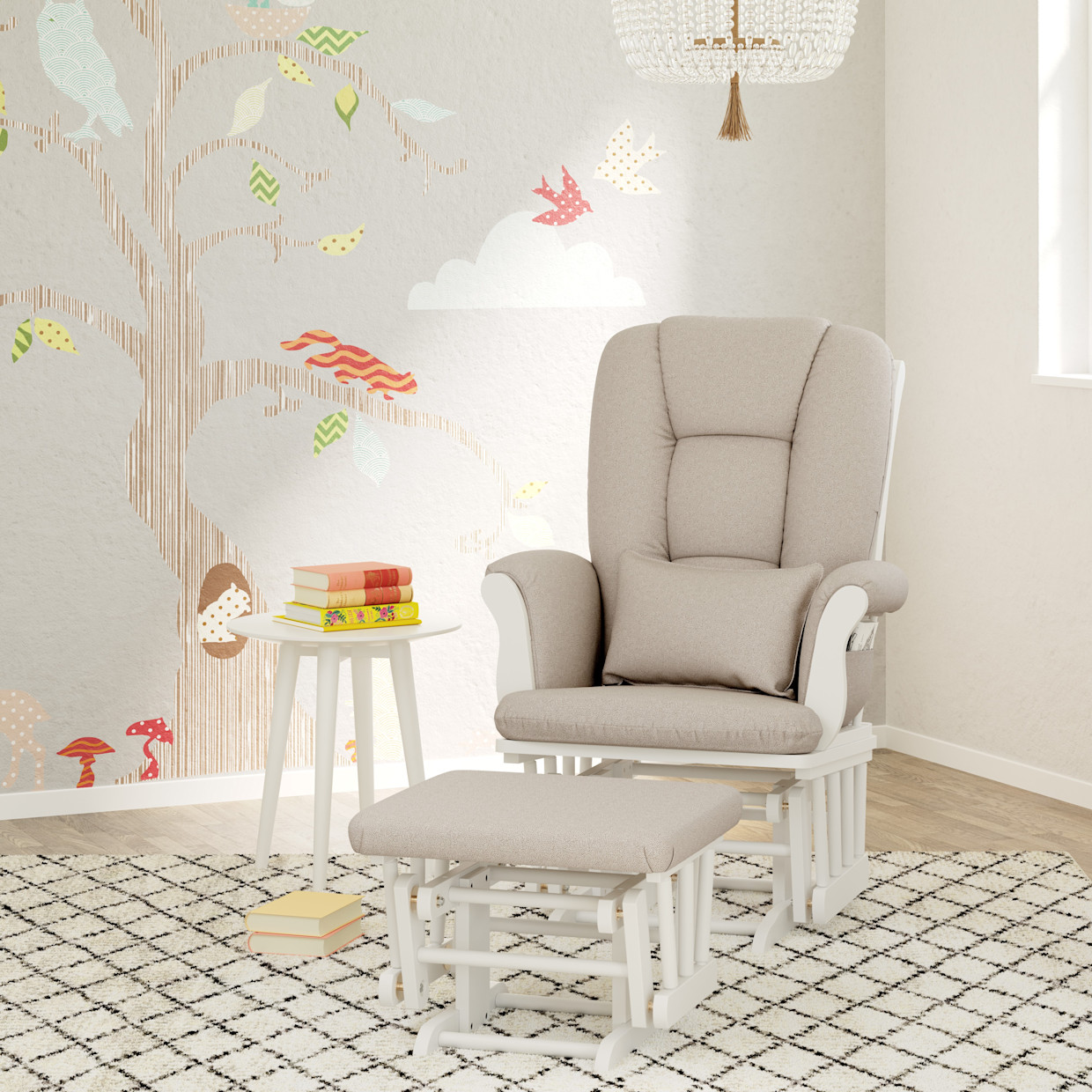 Storkcraft Tuscany Glider and Ottoman - White/Taupe Swirl.