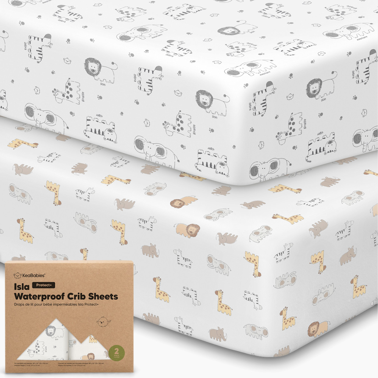 KeaBabies 2-Pack Isla (Protect+) Waterproof Crib Sheets - Kea Safari.