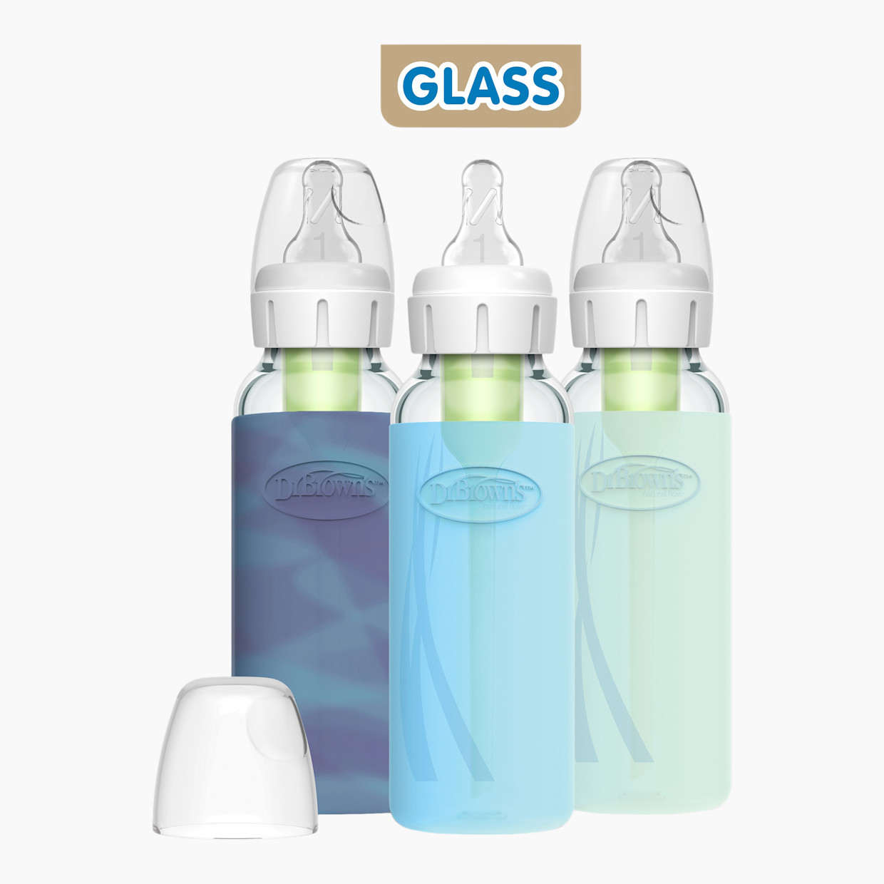 Dr. Brown's Anti-Colic Options+ Glass Narrow Baby Bottle with Protective Sleeve - Blue, 8 Oz.