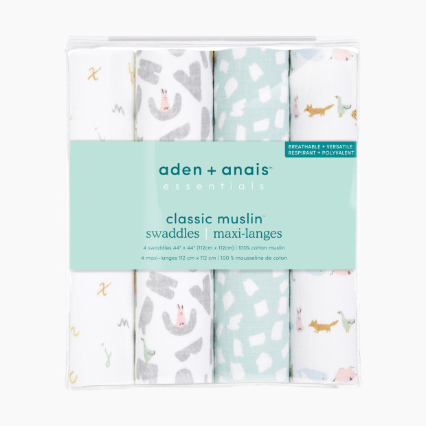 Aden + Anais Essentials Cotton Muslin Swaddles (4 Pack) - Alphabet Animals.