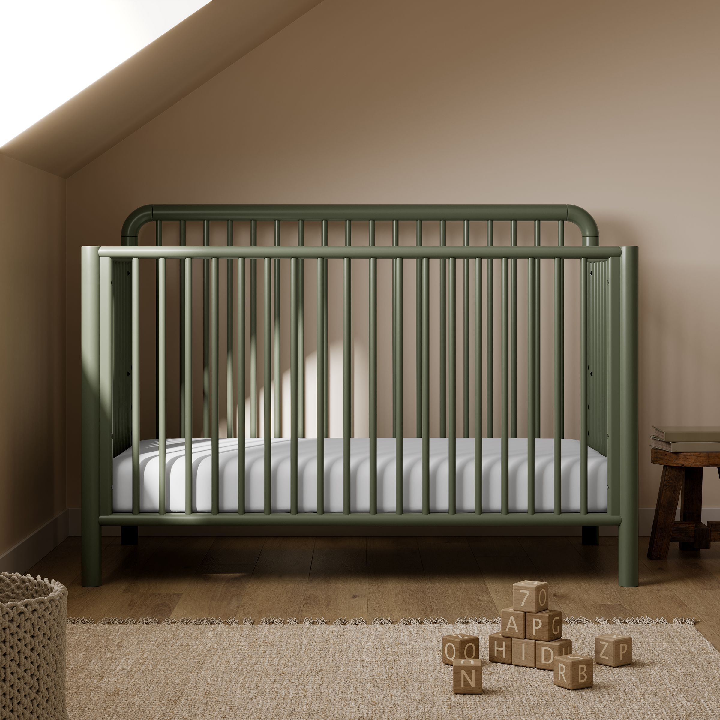 Storkcraft Porto 5-in-1 Convertible Crib with Toddler Guardrail - Olive.