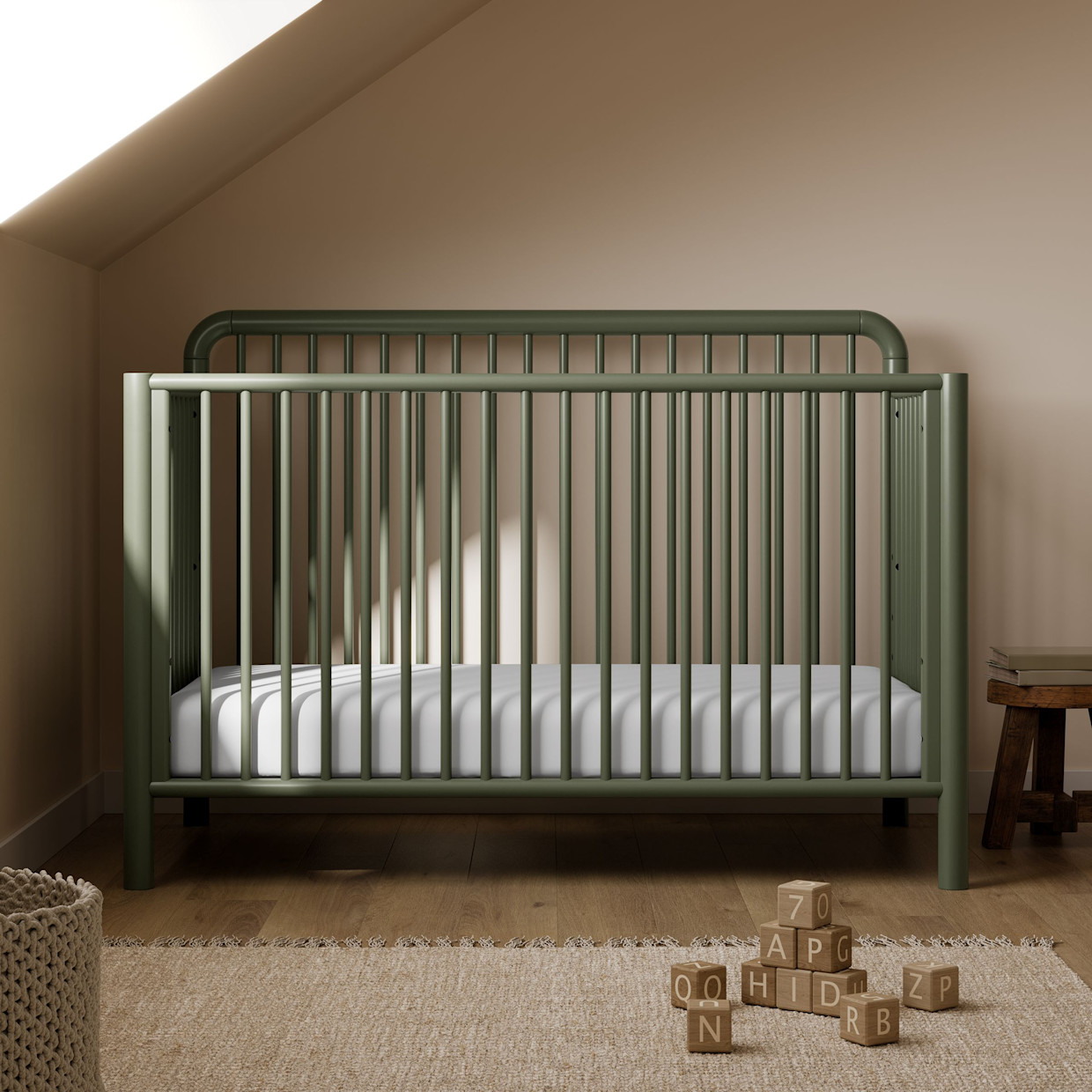 Storkcraft Porto 5-in-1 Convertible Crib with Toddler Guardrail - Olive.