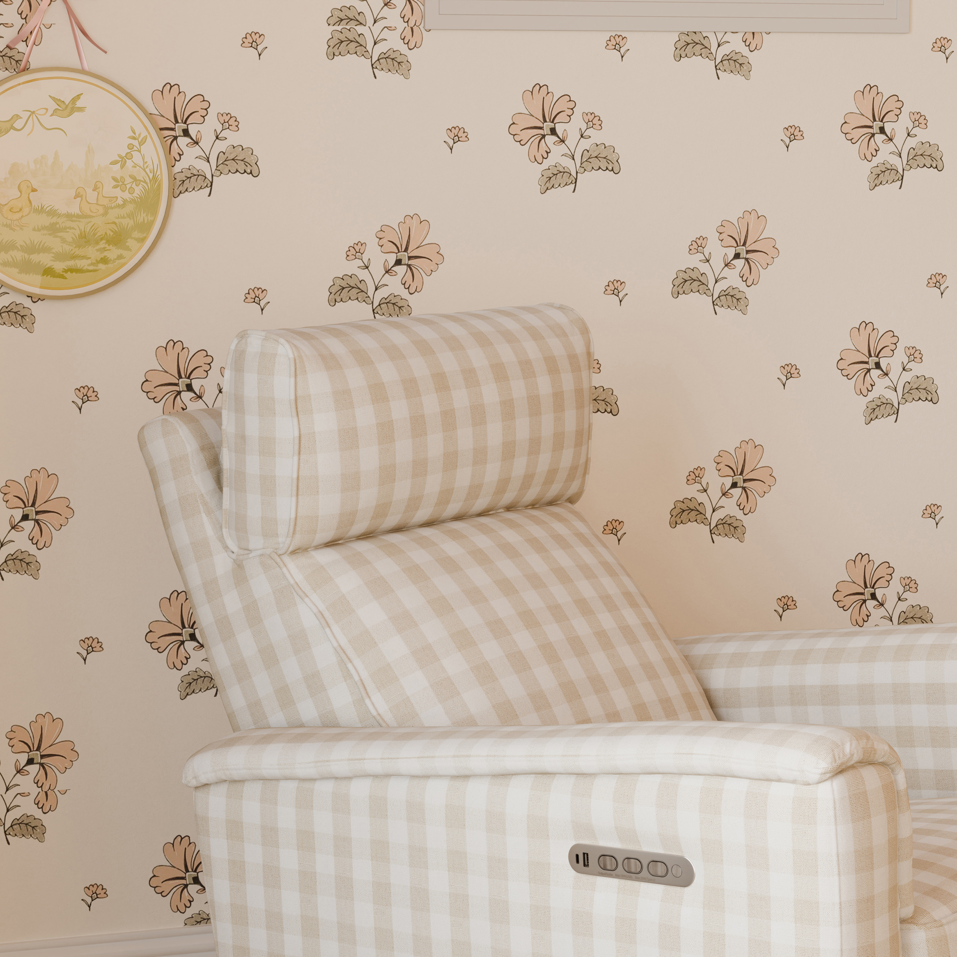 Namesake Willa Deluxe Power Recliner and Swivel Glider - Tan Gingham.