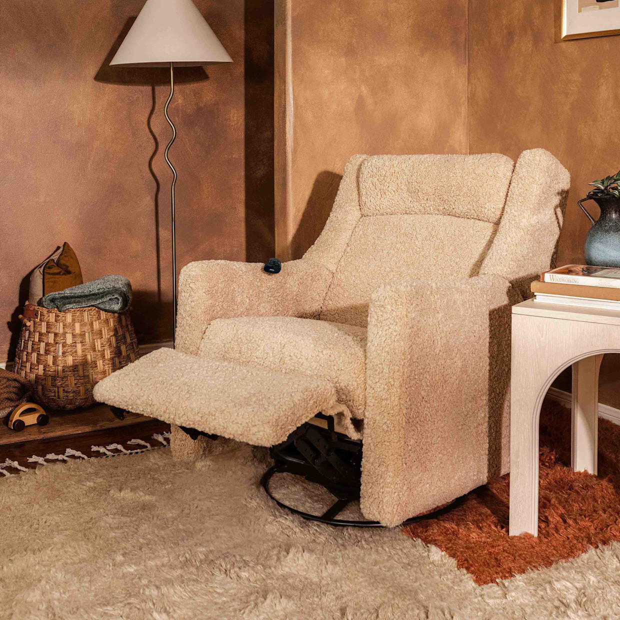 babyletto Kiwi Deluxe Power Recliner and Swivel Glider with Heat and Massage - Chai Shearling.
