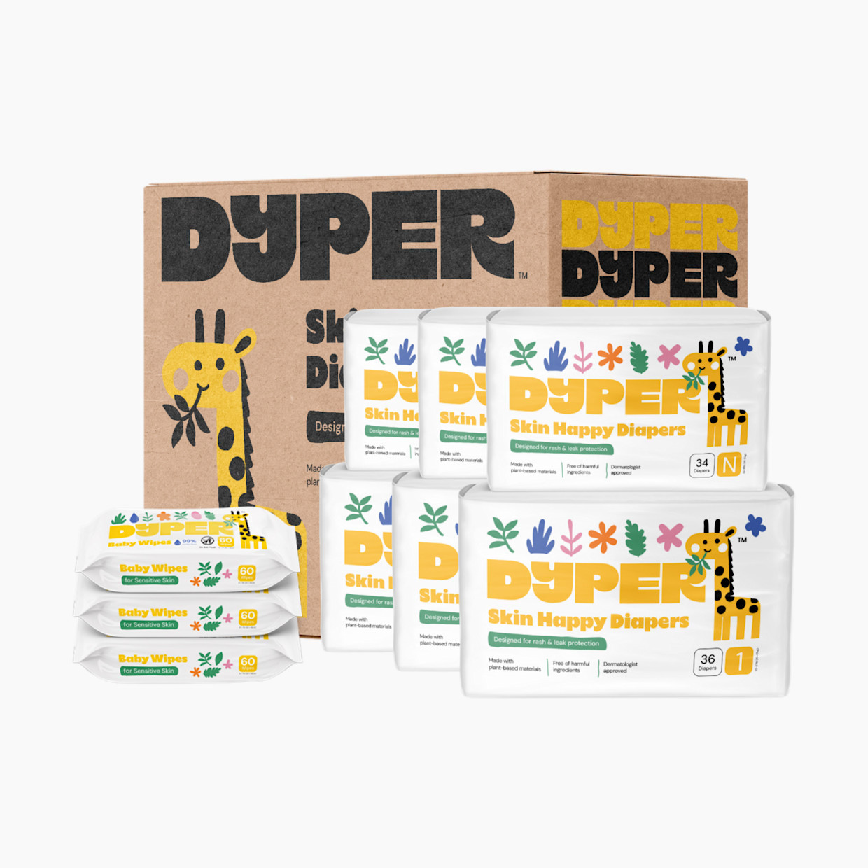 DYPER Newborn Diapers and Wipes Starter Bundle - Newborn & Size 1.